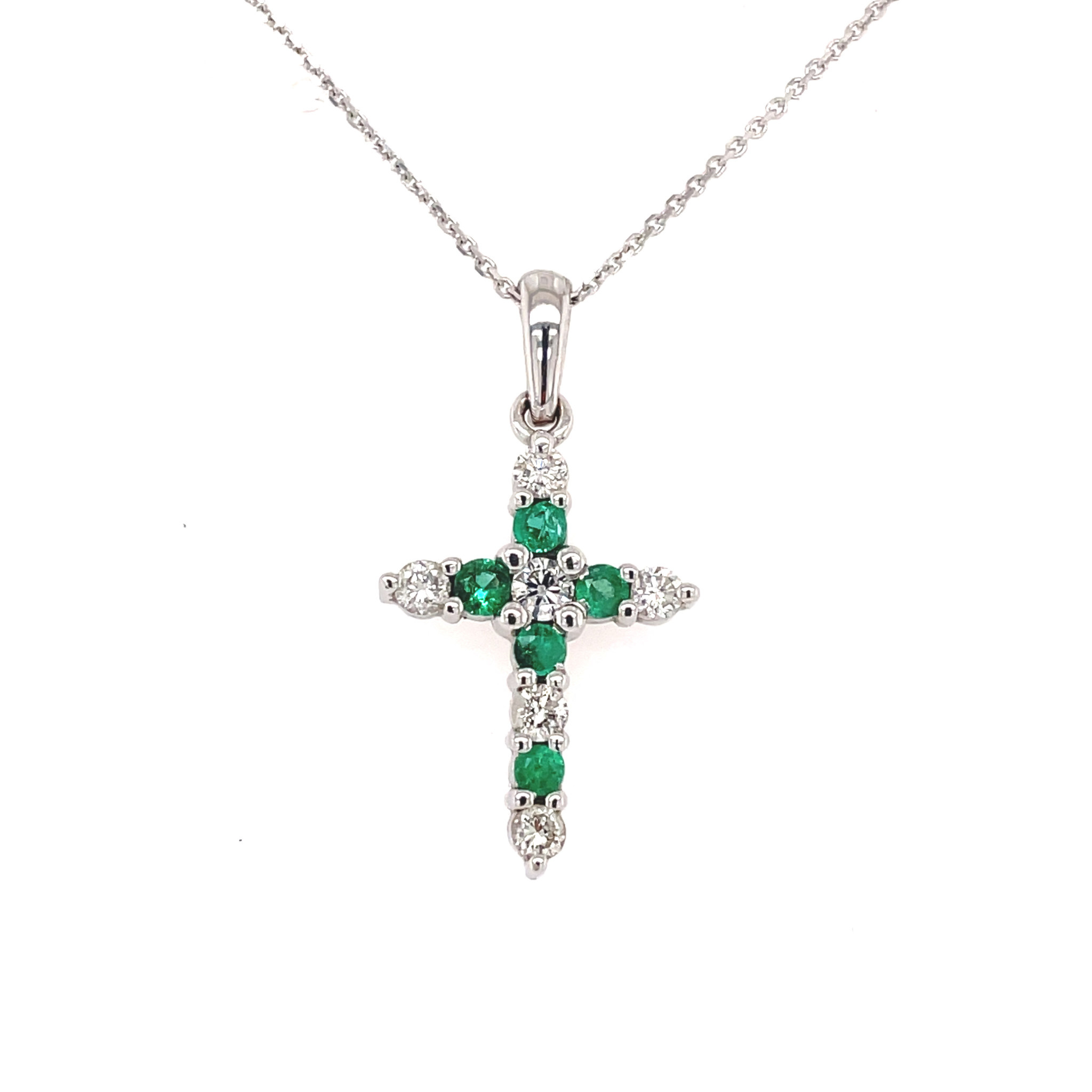 76039 14K WHITE GOLD DIAMOND & EMERERALD COMMON PRONG CROSS PENDANT
