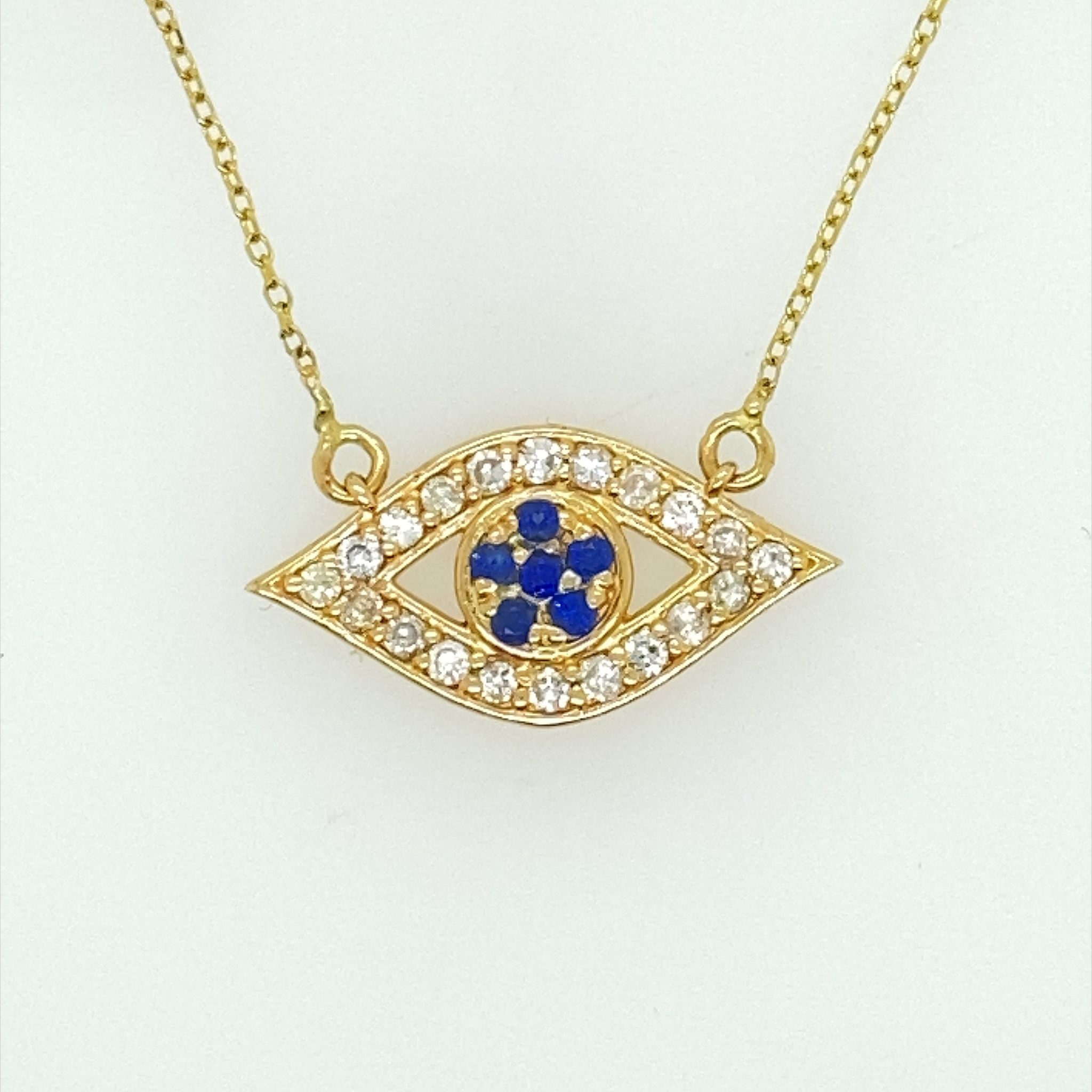 71314 14K YELLOW GOLD DIAMOND & SAPHIRE EVIL EYE PENDANT