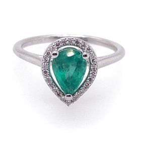 40063 14K WHITE GOLD .14CTW DIAMOND HALO 1.03CT PEAR SHAPE EMERALD RING