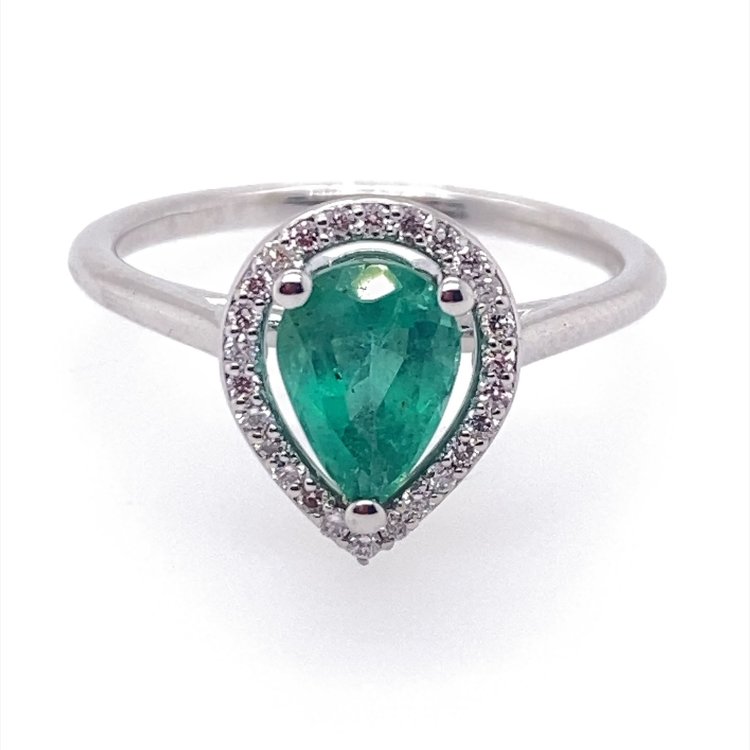 40063 14K WHITE GOLD .14CTW DIAMOND HALO 1.03CT PEAR SHAPE EMERALD RING
