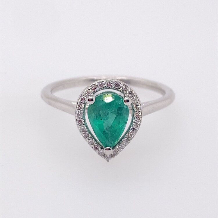 40063 14K WHITE GOLD .14CTW DIAMOND HALO 1.03CT PEAR SHAPE EMERALD RING