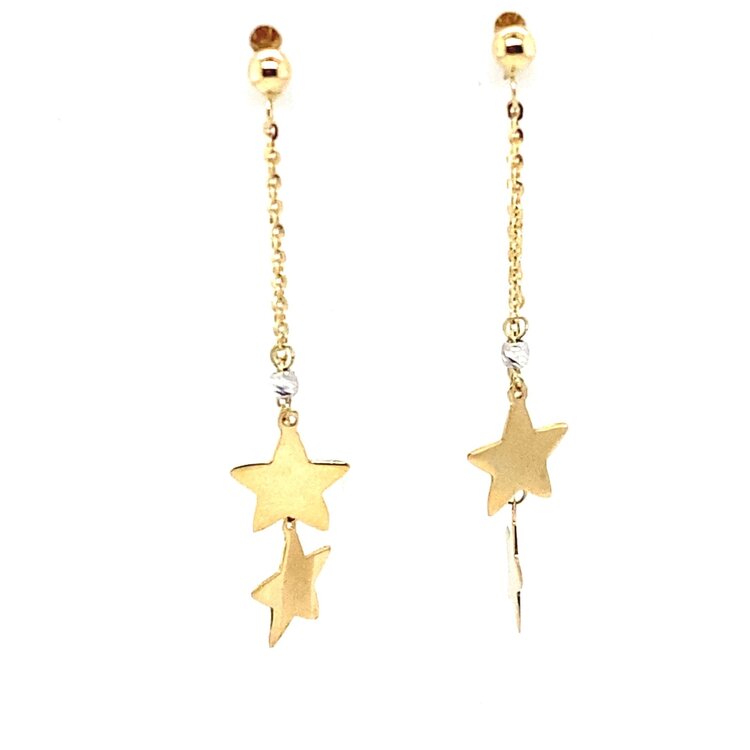 30411 14K TWO TONED BALL STUD WITH DOUBLE HANGING CABLE CHAIN AND DISCO BALL DESIGN WITH STARS EARRINGS