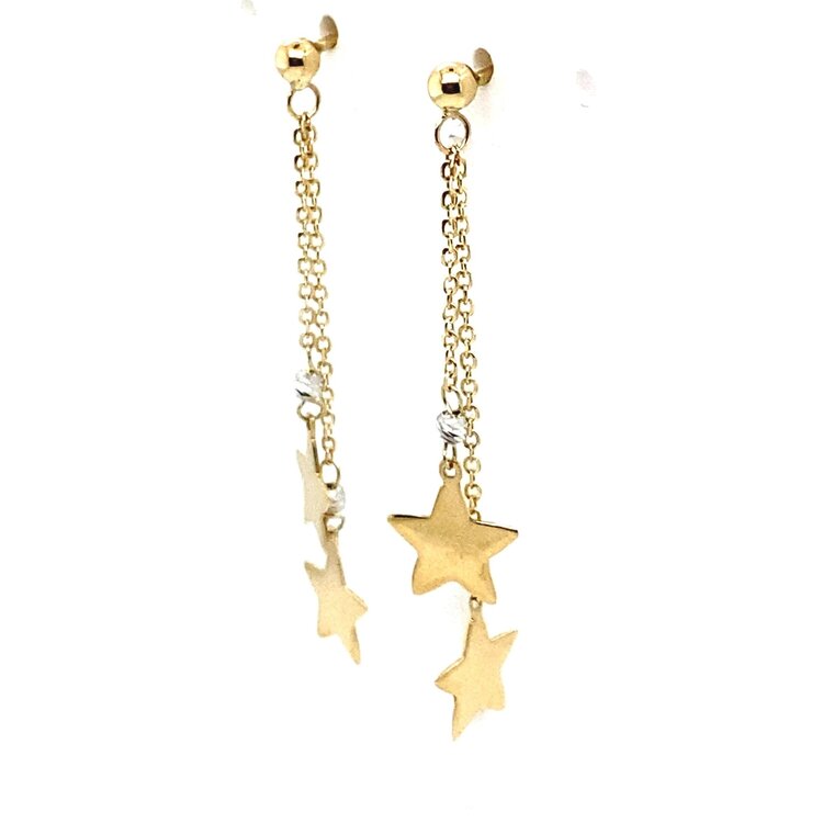 30411 14K TWO TONED BALL STUD WITH DOUBLE HANGING CABLE CHAIN AND DISCO BALL DESIGN WITH STARS EARRINGS