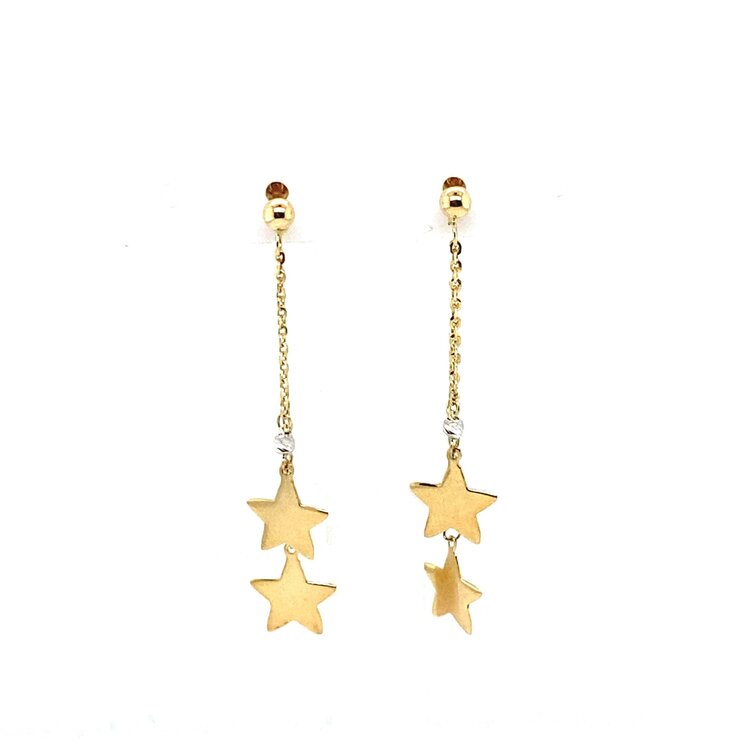 30411 14K TWO TONED BALL STUD WITH DOUBLE HANGING CABLE CHAIN AND DISCO BALL DESIGN WITH STARS EARRINGS
