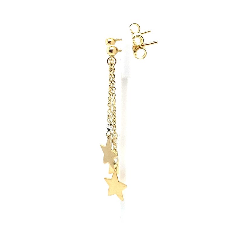 30411 14K TWO TONED BALL STUD WITH DOUBLE HANGING CABLE CHAIN AND DISCO BALL DESIGN WITH STARS EARRINGS