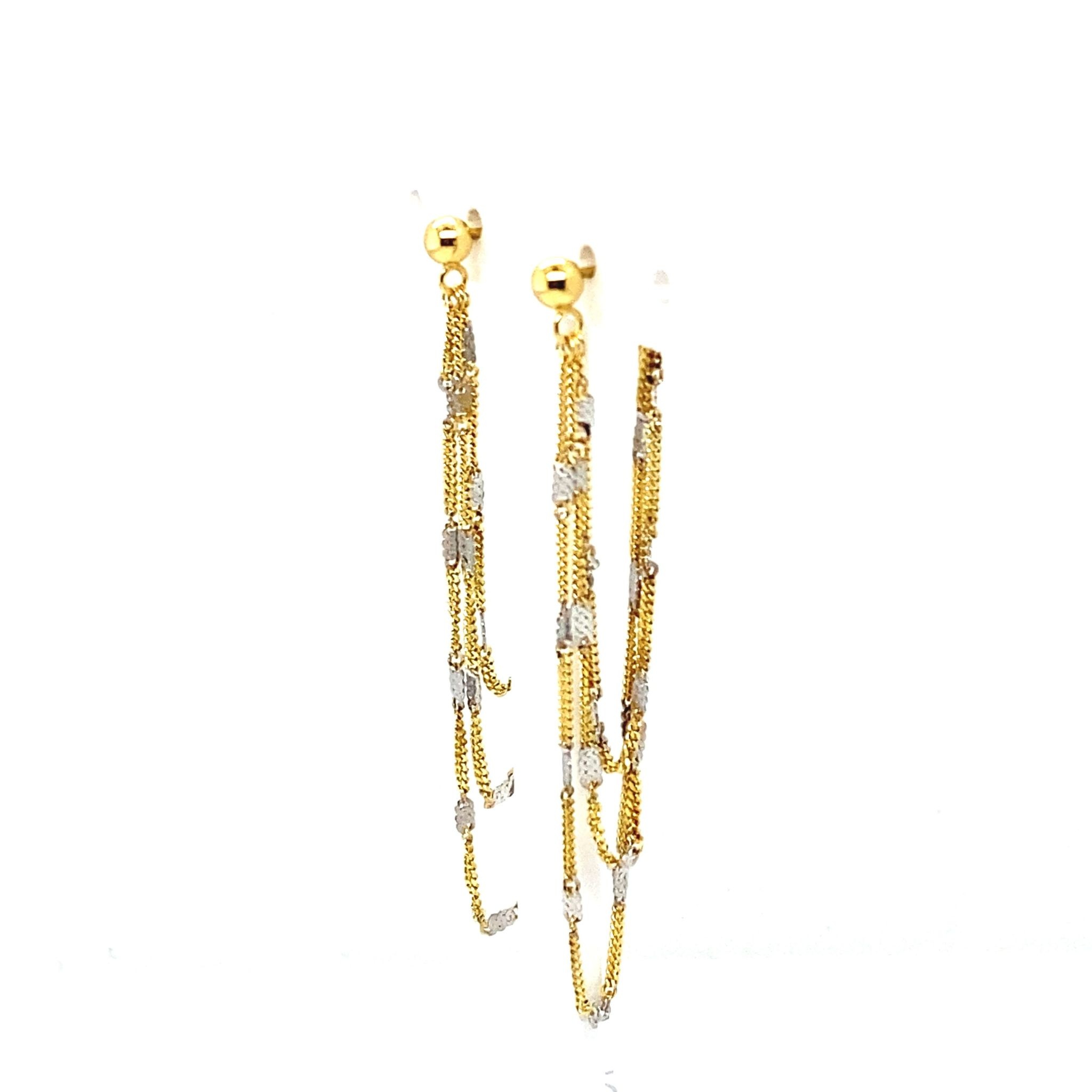 30409 14K TWO TONED BALL STUD WITH HANGING 3 LAYER FANCY CUBAN DESIGN EARRINGS