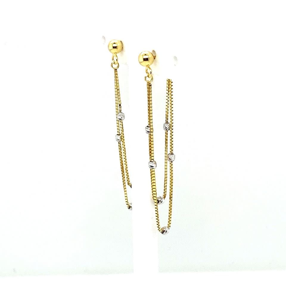 30407 14K TWO TONED BALL STUD WITH DOUBLE HANGING BOX CHAIN & DIAMOND CUT BALL DESGIN EARRINGS