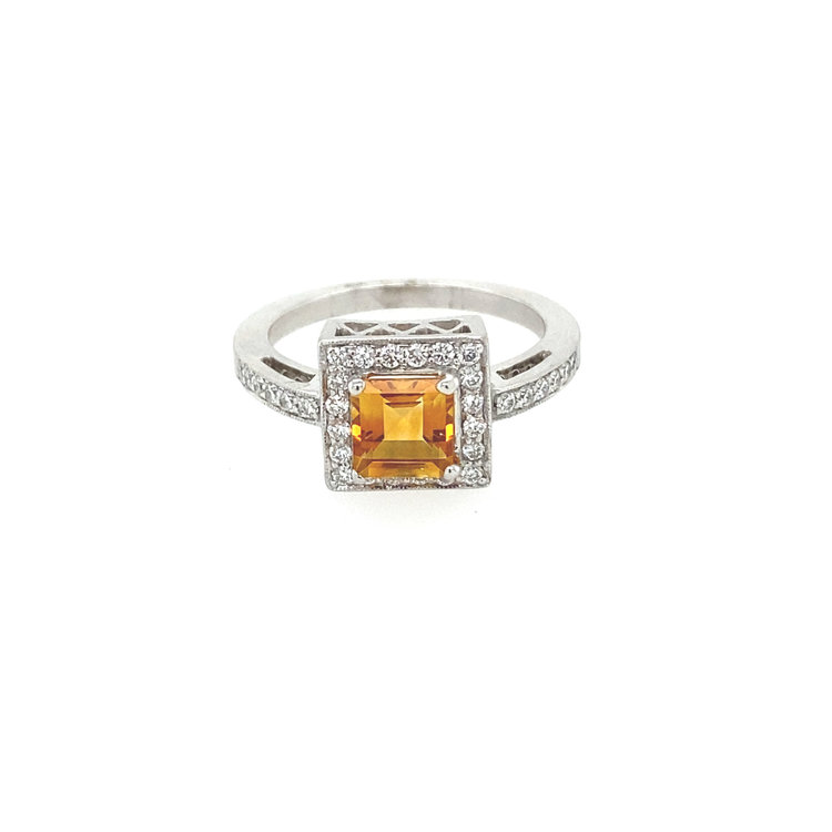 475505 14K WHITE GOLD .30CT DIAMOND HALO WITH ASHER CITRINE CENTER RING
