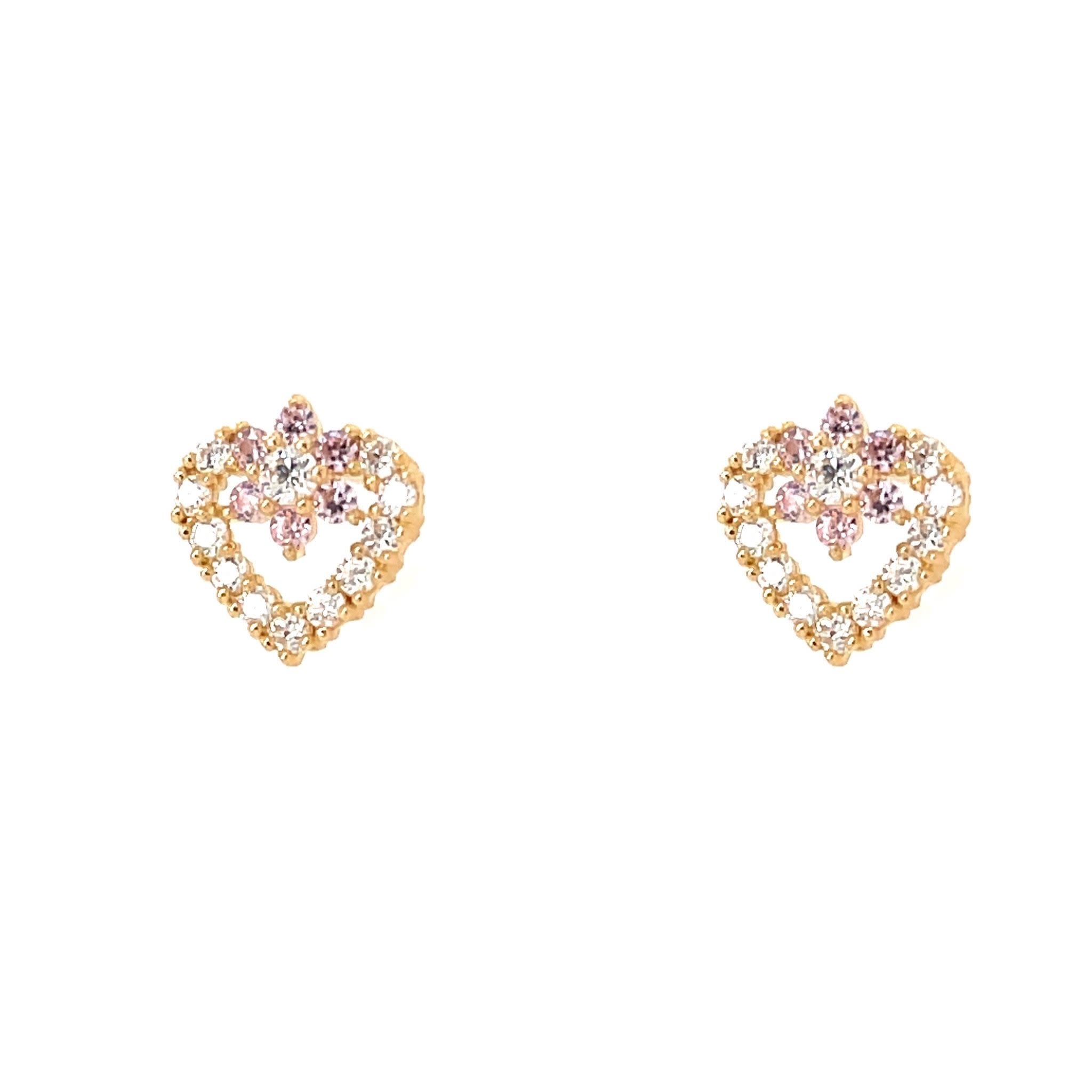 30430 14K YELLOW GOLD WHITE AND PINK FLOWER HEART SCREWBACK BABY EARRINGS