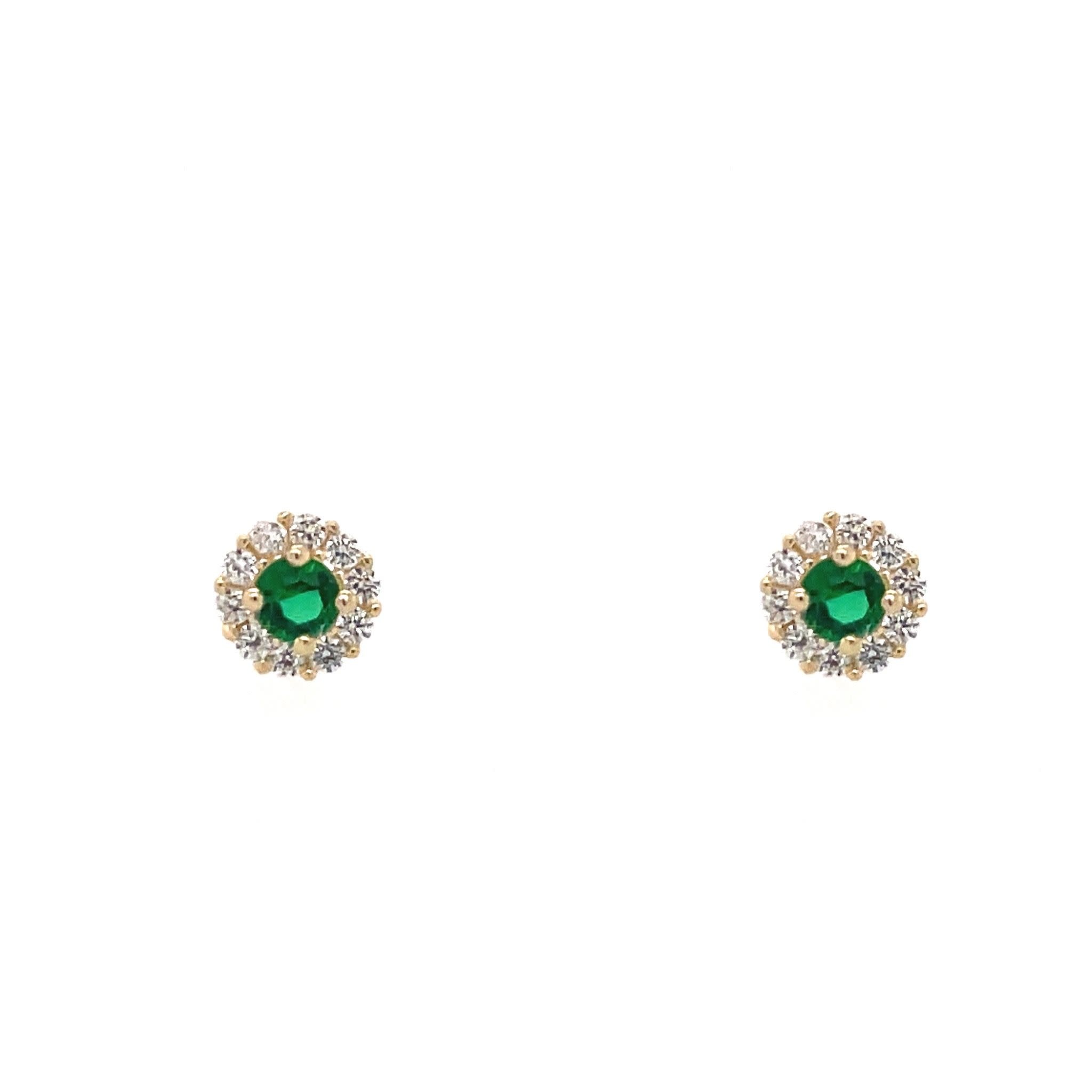 30432 14K YELLOW GOLD HALO ROUND GREEN CUBIC ZIRCONIA SCREWBACK BABY EARRINGS