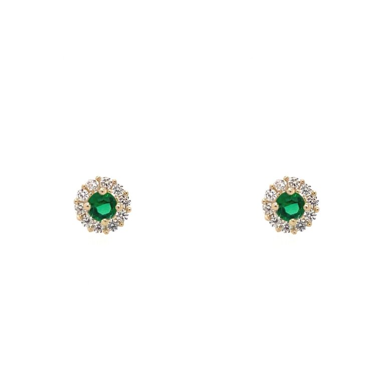 30432 14K YELLOW GOLD 5.4MM HALO ROUND GREEN CUBIC ZIRCONIA  SCREWBACK BABY EARRINGS