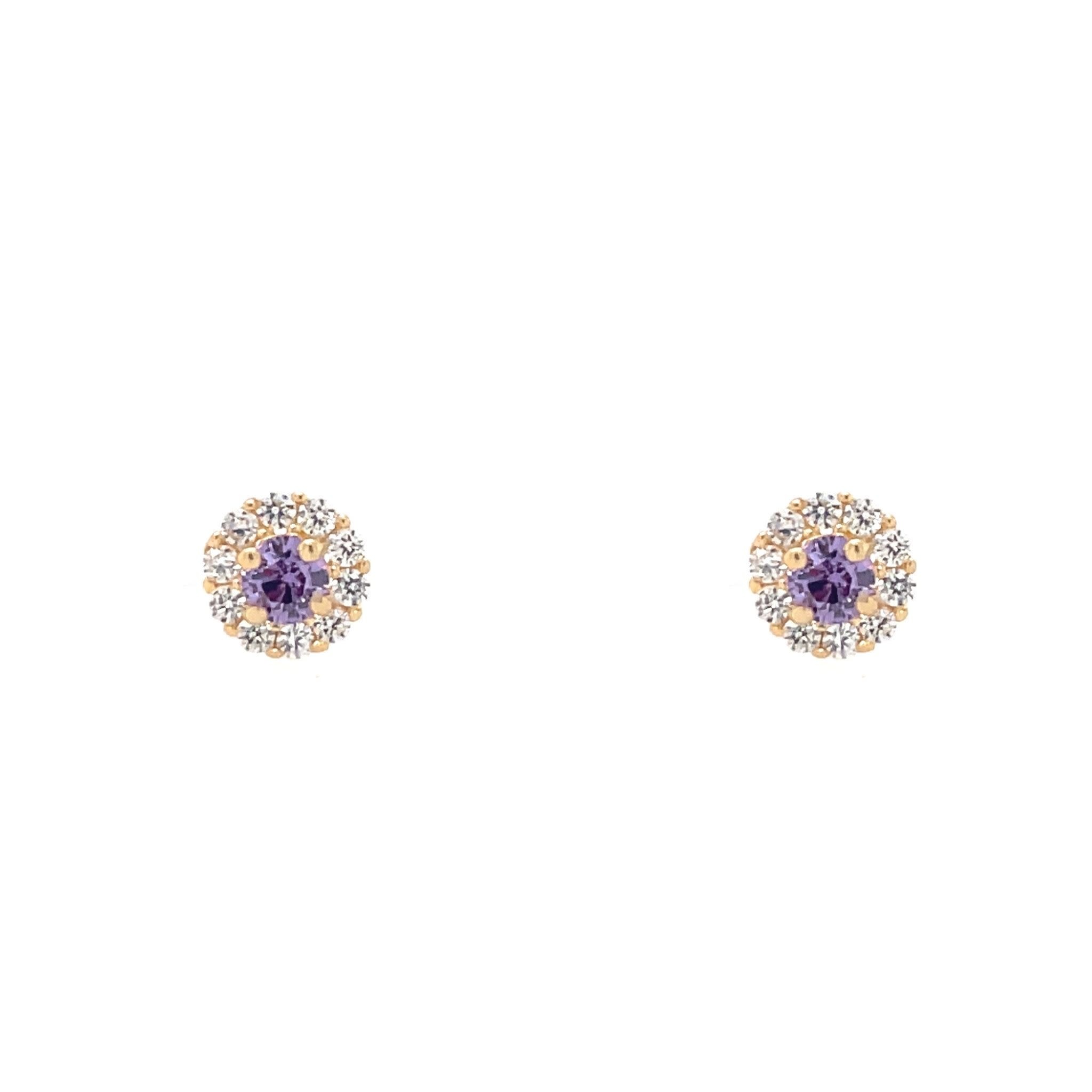 30435 14K YELLOW GOLD HALO ROUND PURPLE CUBIC ZIRCONIA SCREWBACK BABY EARRINGS