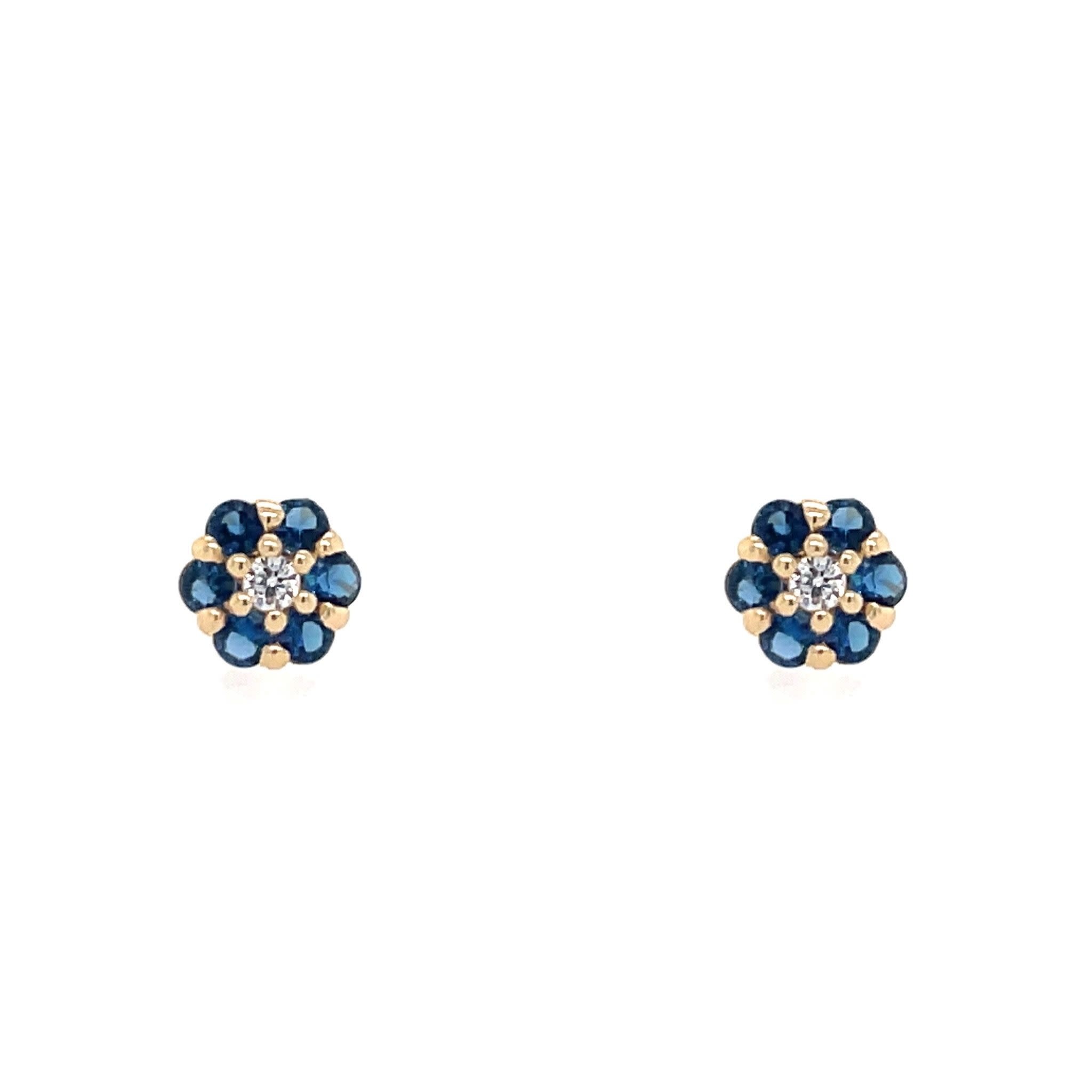 30436 14K YELLOW GOLD BLUE FLOWER CUBIC ZIRCONIA SCREWBACK BABY EARRINGS