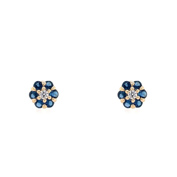 30436 14K YELLOW GOLD BLUE FLOWER CUBIC ZIRCONIA SCREWBACK BABY EARRINGS