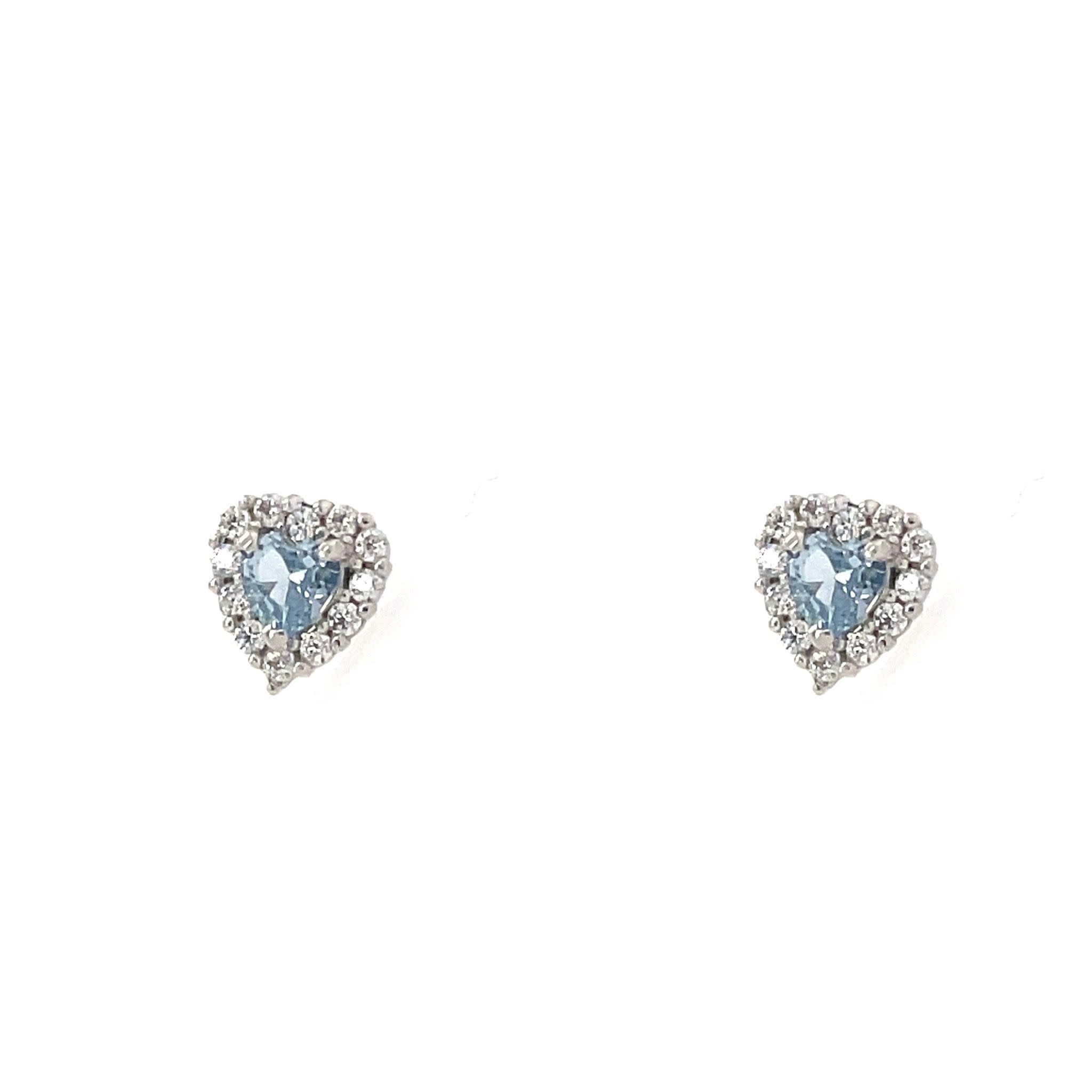 30441 14K WHITE GOLD HALO LIGHT BLUE HEART CUBIC ZIRCONIA SCREWBACK BABY EARRINGS