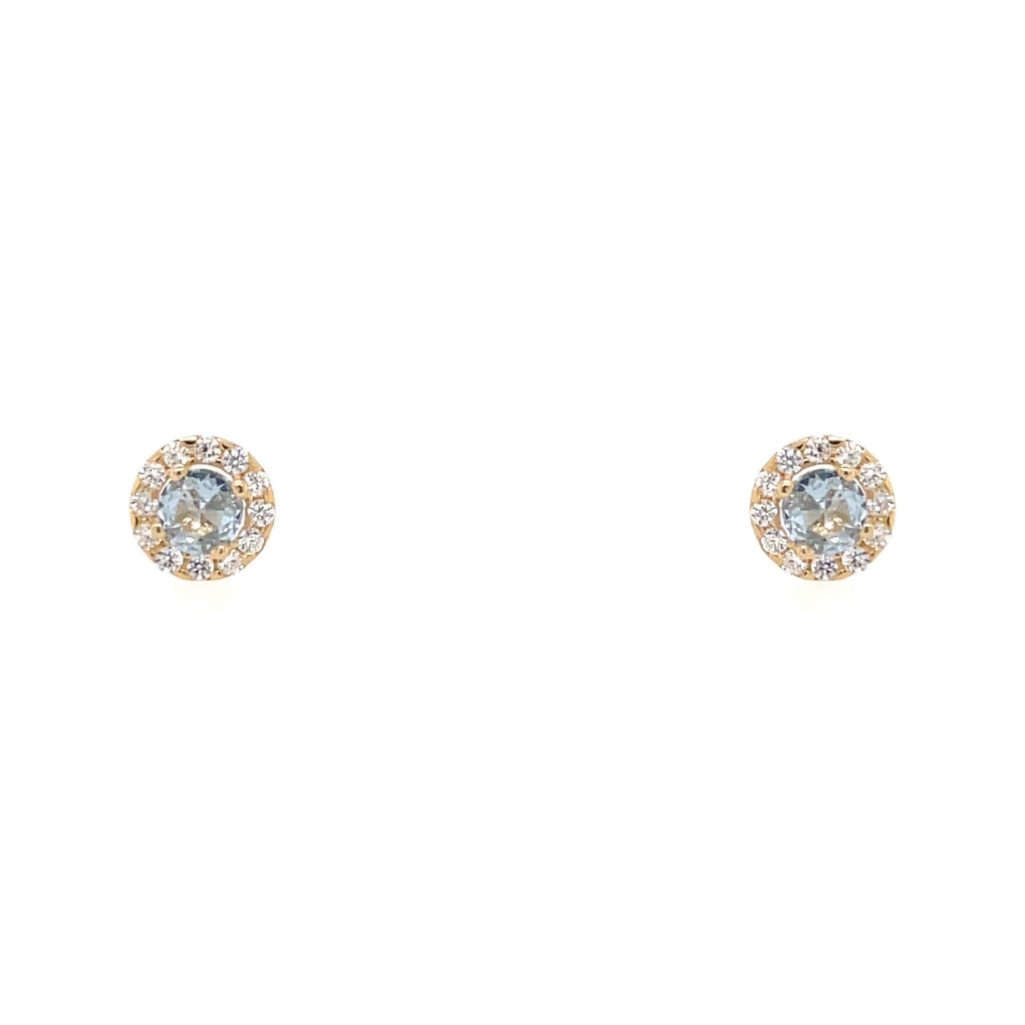 30425 14K YELLOW GOLD HALO BABY BLUE ROUND CUBIC ZIRCONIA SCREWBACK BABY EARRINGS