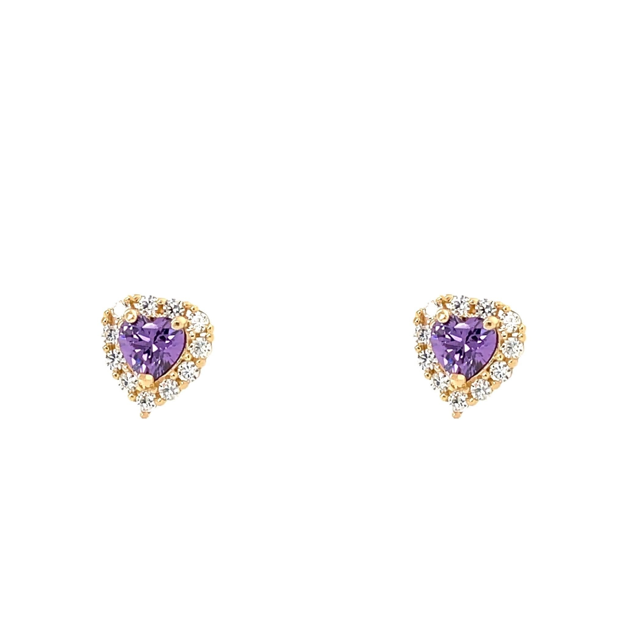 30420 14K YELLOW GOLD HALO CUBIC ZIRCONIA PURPLE CENTER HEART SCREWBACKS BABY EARRINGS