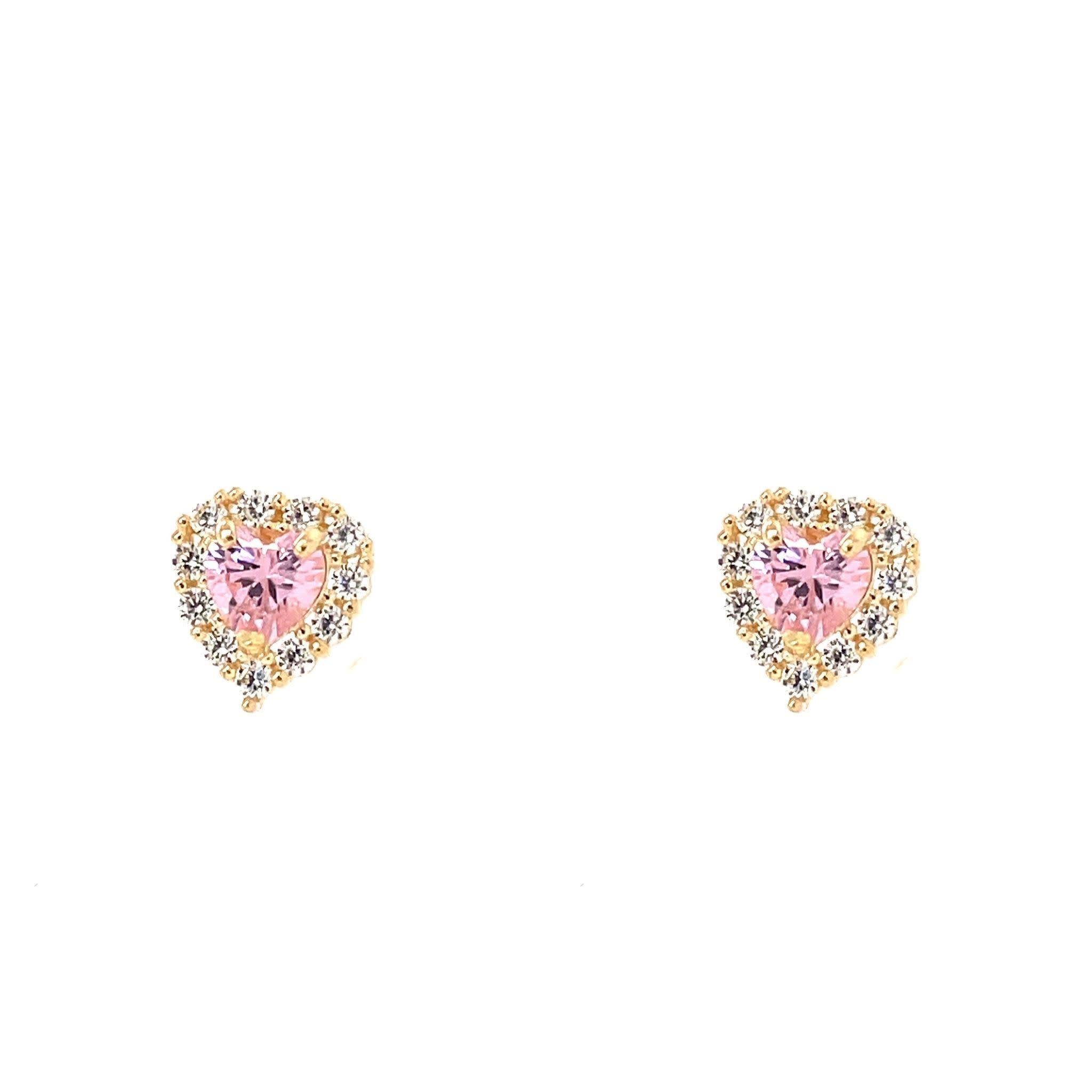 30423 14K YELLOW GOLD HALO PINK CUBIC ZIRCONIA HEART SCREWBACK BABY EARRINGS
