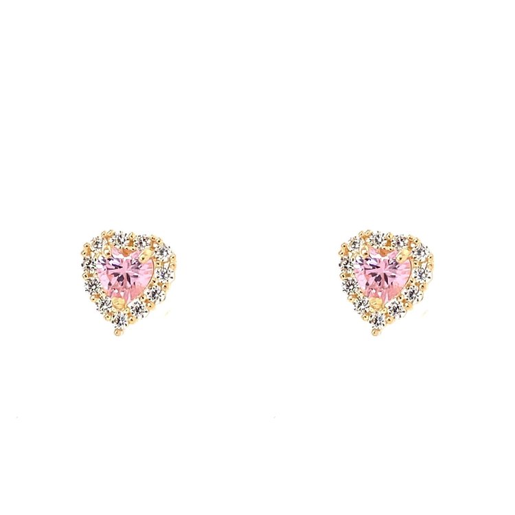 30423 14K YELLOW GOLD HALO  PINK CUBIC ZIRCONIA HEART SCREWBACK BABY EARRINGS