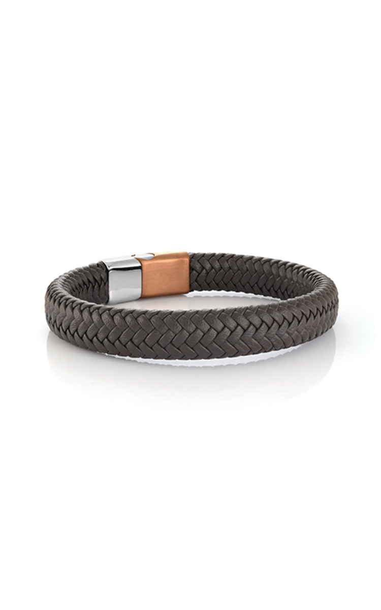 ITALGEM STAINLESS STEEL MENS BRAIDED BROWN LEATHER CLASP BRACELET