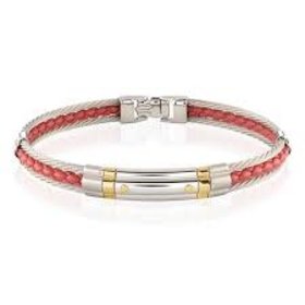 SMBG37 ITALGEM STAINLESS STEEL MENS YELLOW IP 2ROW CABLE RED LEATHER 8.2" BRACELET