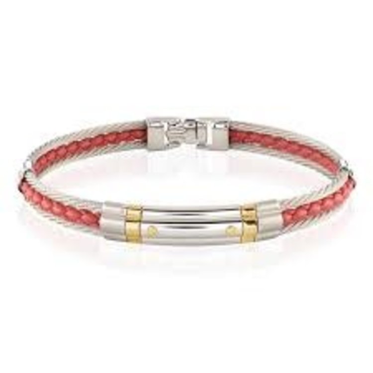 SMBG37 ITALGEM STAINLESS STEEL MENS YELLOW IP 2ROW CABLE RED LEATHER 8.2" BRACELET