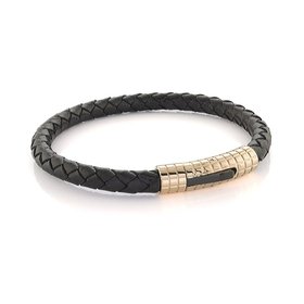 SLB166 ITALGEM STAINLESS STEEL MENS YELLOW GOLD TONE CLASP BLACK LEATHER BAND BRACELET