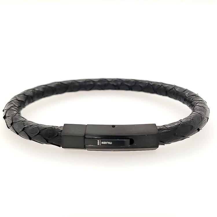 ITALGEM STAINLESS STEEL MENS BLACK IP CLASP PYTHON BLACK LEATHER BRACELET