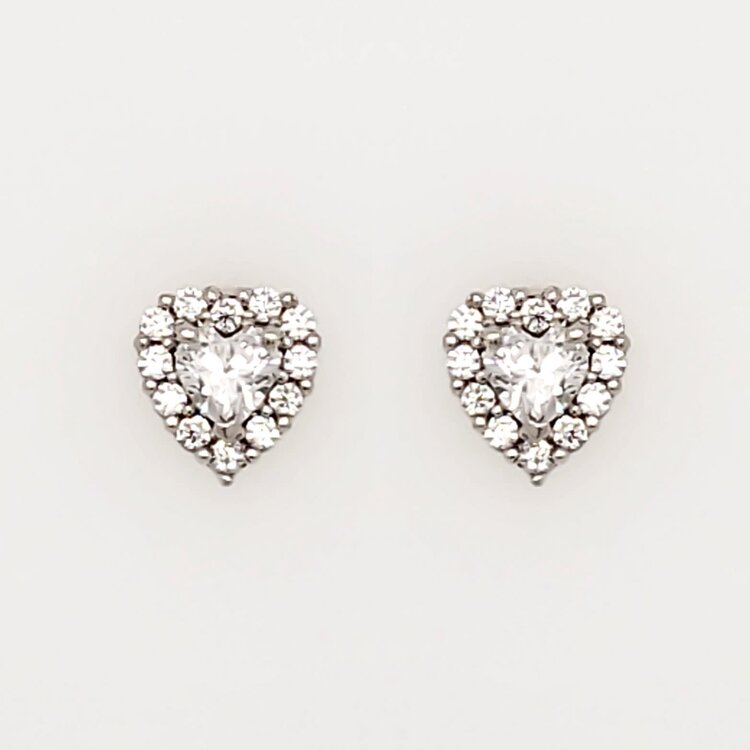 30442 14K WHITE GOLD 5.4MM HALO WHITE HEART CUBIC ZIRCONIA SCREWBACK BABY EARRINGS