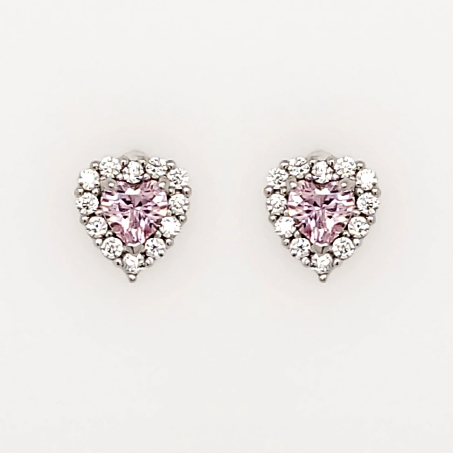 30444 14K WHITE GOLD HALO PINK HEART CUBIC ZIRCONIA SCREWBACK BABY EARRINGS