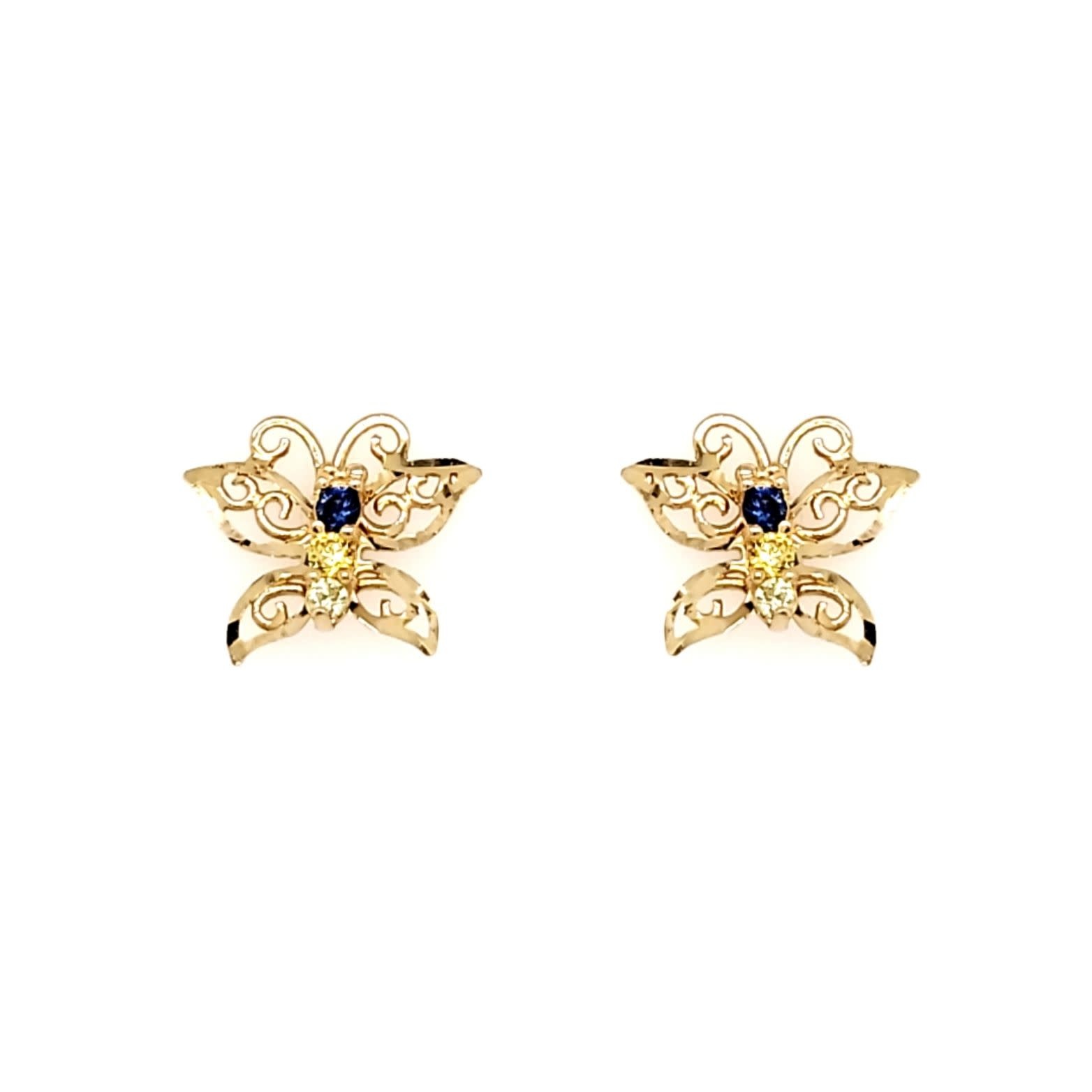 30460 14K YELLOW GOLD OPEN FILAGREE DIAMOND CUT GEMSTONE BUTTERFLY STUDS