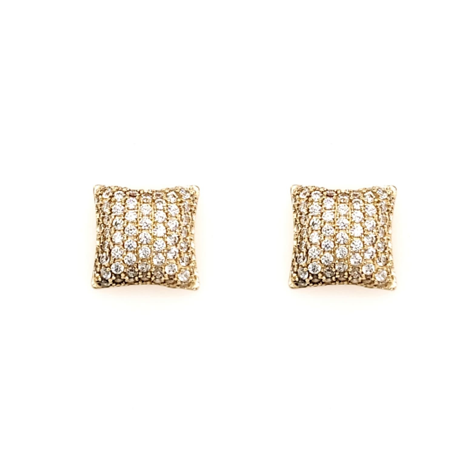 30458 14K YELLOW GOLD CUBIC ZIRCONIA PAVE PUFFED SQUARED STUD EARRINGS
