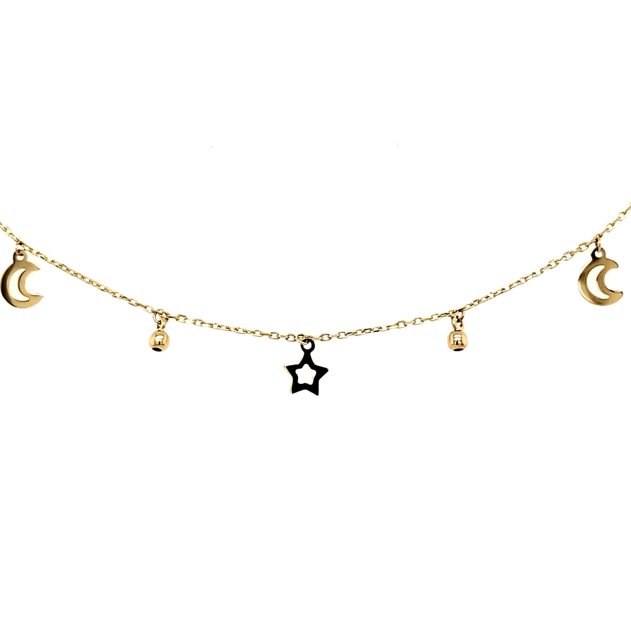 20092 14K YELLLOW GOLD HANGING BEAD OPEN STAR & MOON CABLE ANKLET