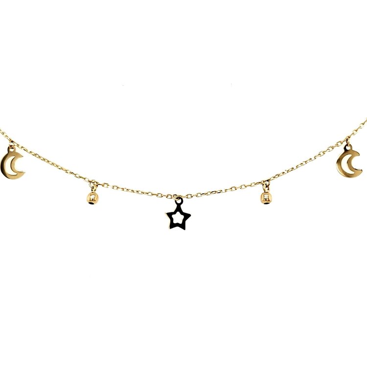 20092 14K YELLLOW GOLD HANGING BEAD  OPEN STAR & MOON CABLE ANKLET