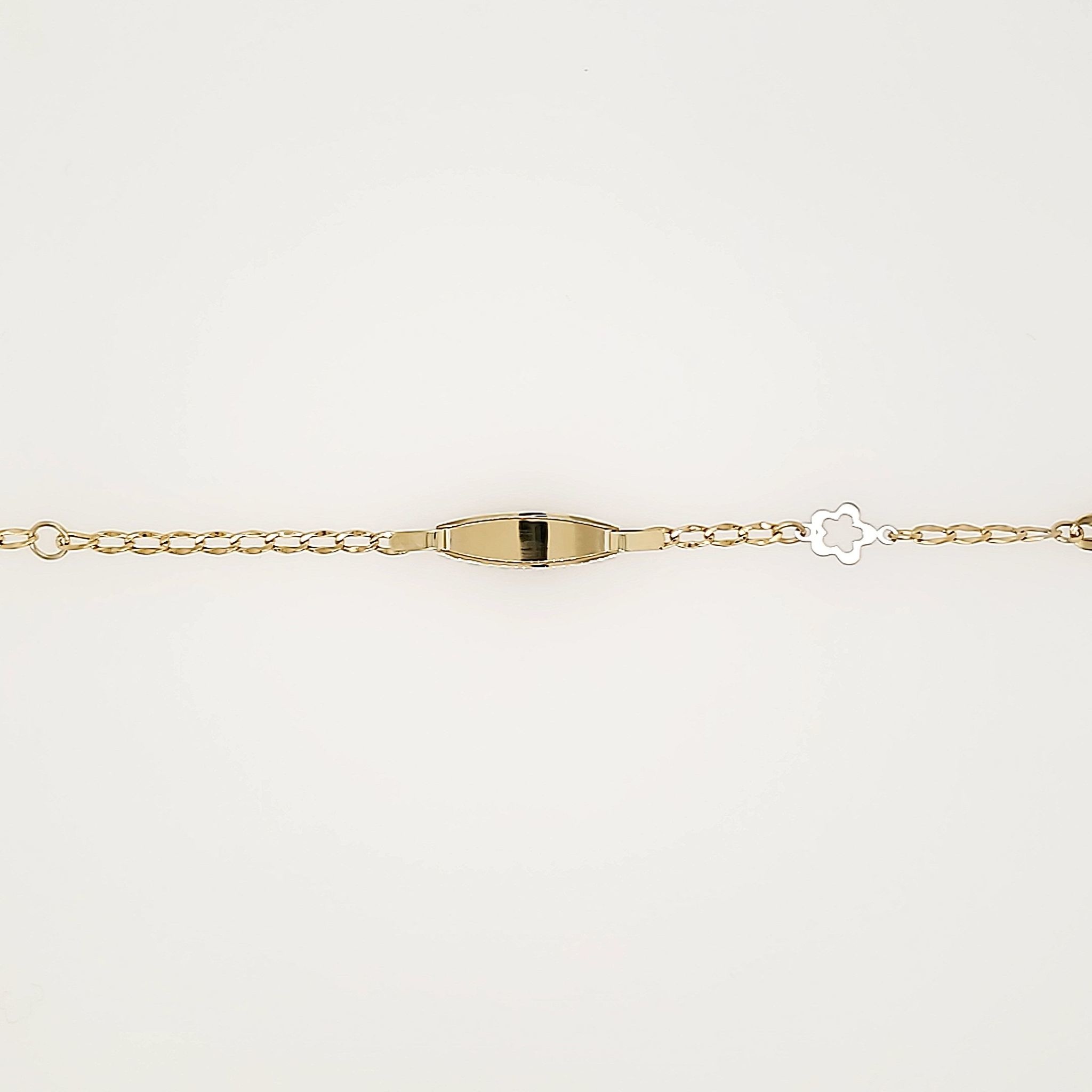 20097 14K TWO TONED SMALL ID BAR AND OPEN FLOWER WITH CUBAN DESIGN LINK BABY BRACELET