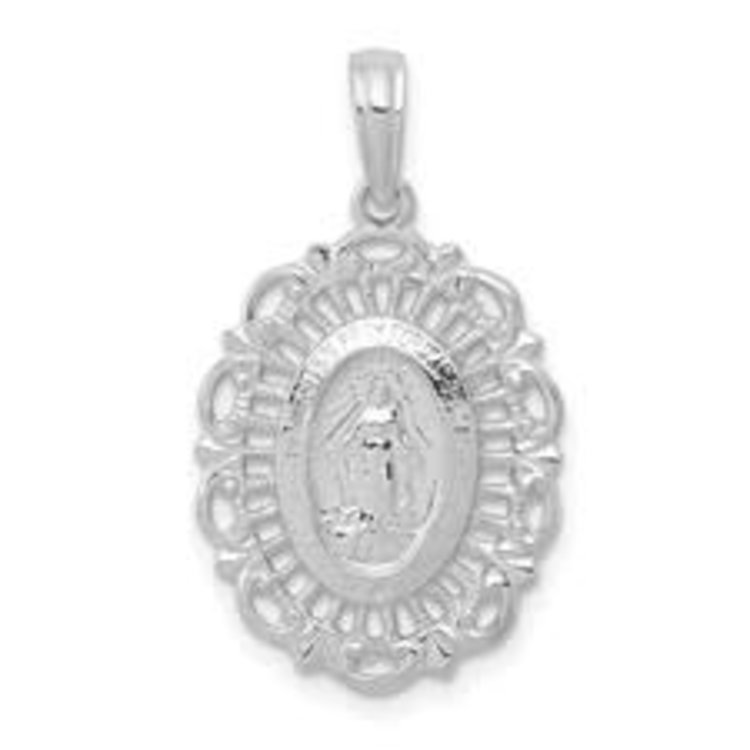 77125 14K WHITE GOLD 21MM  OVAL SHAPE FILIGREE DESIGN MIRACULOUS MEDAL