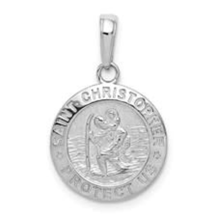 77127 14K WHITE GOLD 19MM ROUND SOLID SAINT CHRISTOPHER MEDAL