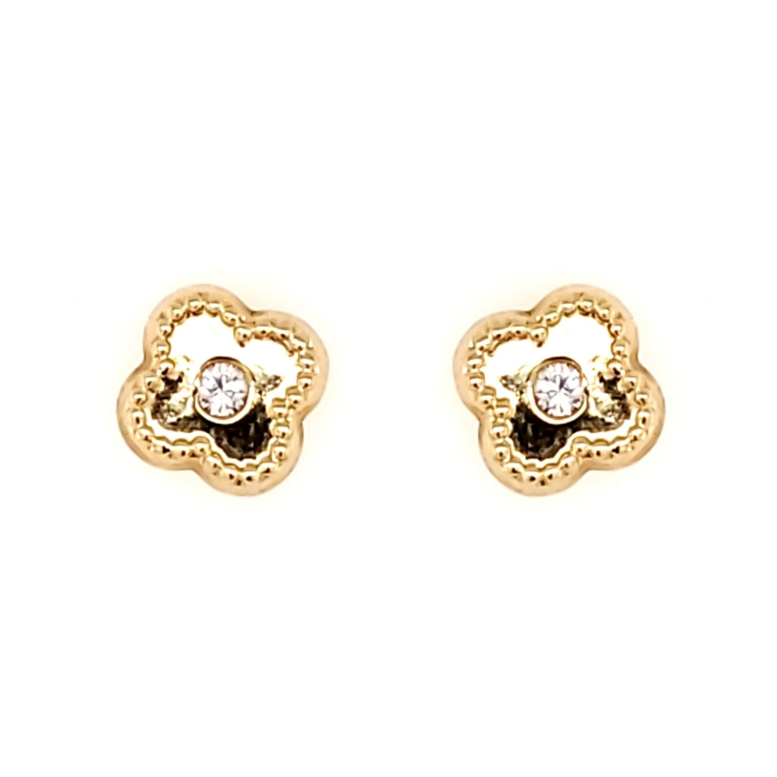 38118 14K YELLOW GOLD CUBIC ZIRCONIA CENTER CLOVER BEADED EDGE SCREWBACKS