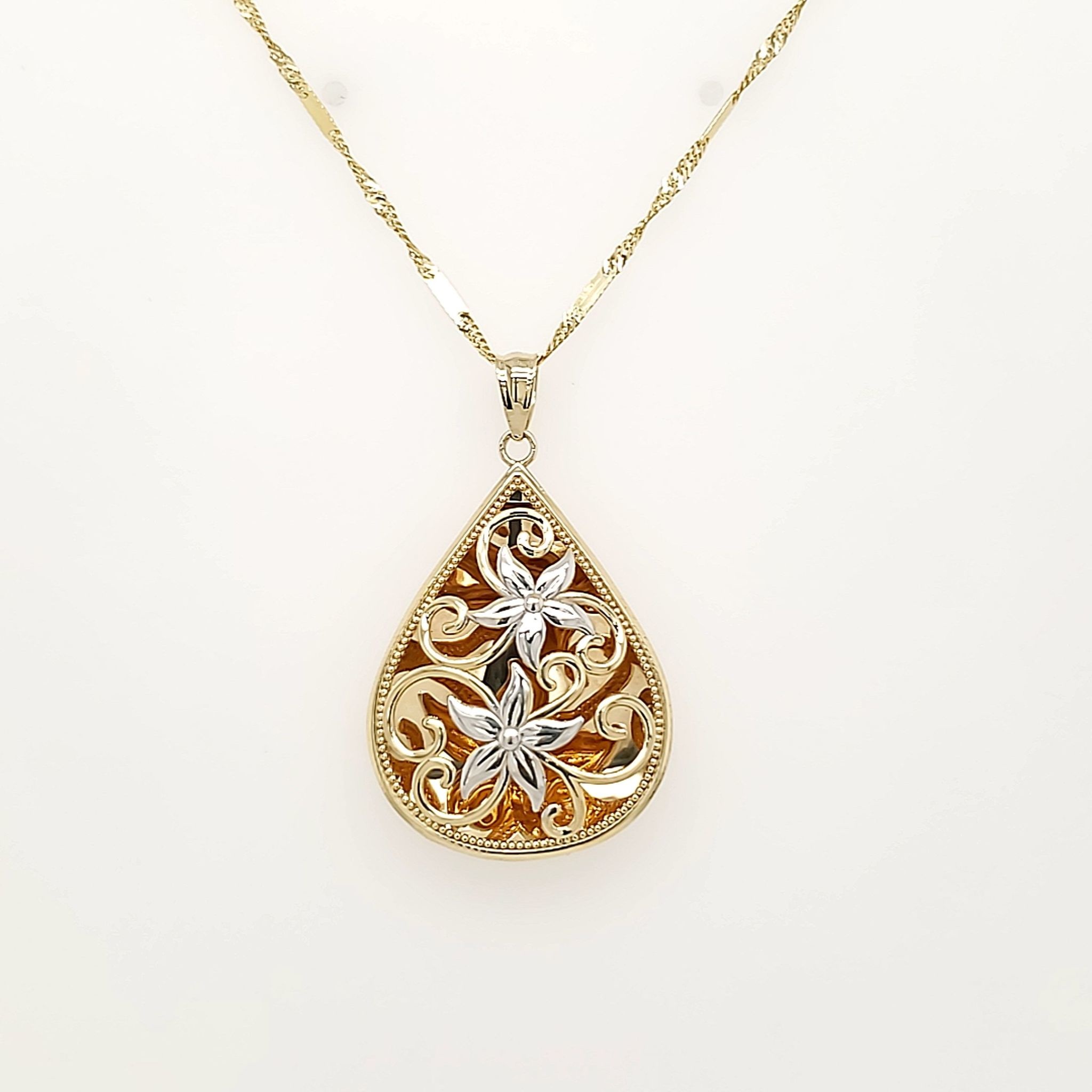 70134 14K 2 TONE FILIGREE PEAR SHAPE FLOWER FANCY PENDANT NECKLACE