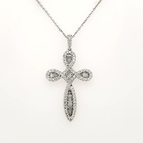 70131 18K WHITE GOLD 1.15CT DIAMOND ROUND & BAGUETTE FANCY CROSS ON 18" 14K CABLE CHAIN PENDANT