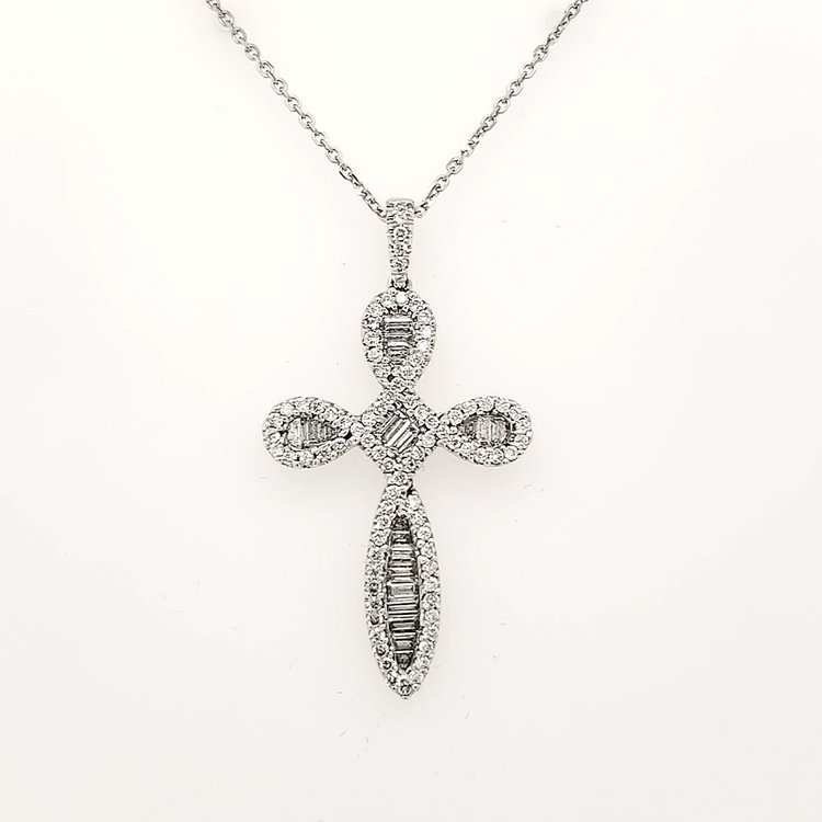 70131 18K WHITE GOLD 1.15CT DIAMOND ROUND & BAGUETTE FANCY CROSS ON 18" 14K CABLE CHAIN PENDANT