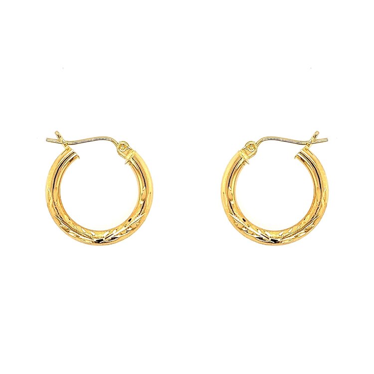 30475 14K YELLOW GOLD .73" SATIN FINISH AND  DIAMOND CUT 3MM HOOPS