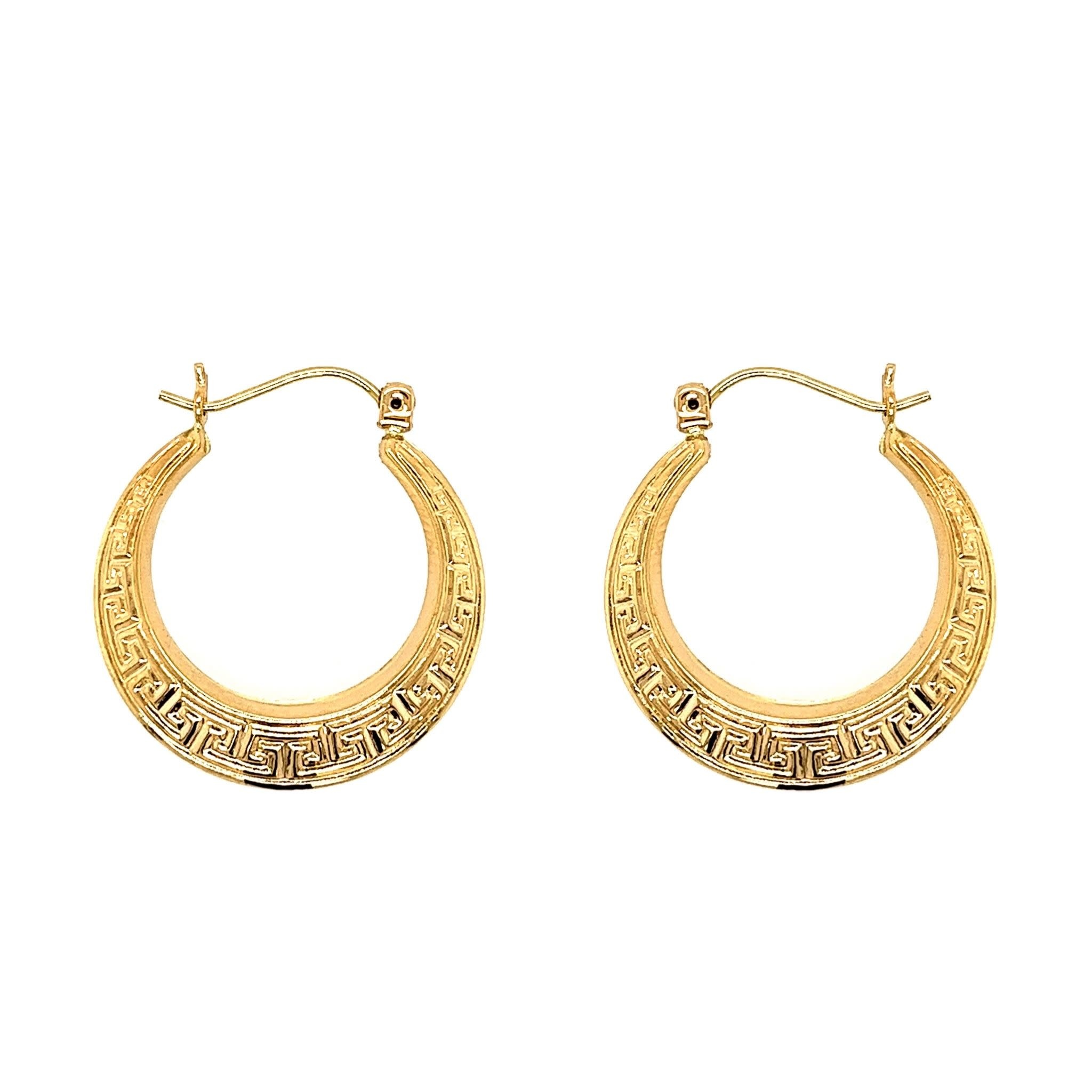 30477 14K YELLOW GOLD 1" GREEK KEY DESIGN 5.82MM HOOPS