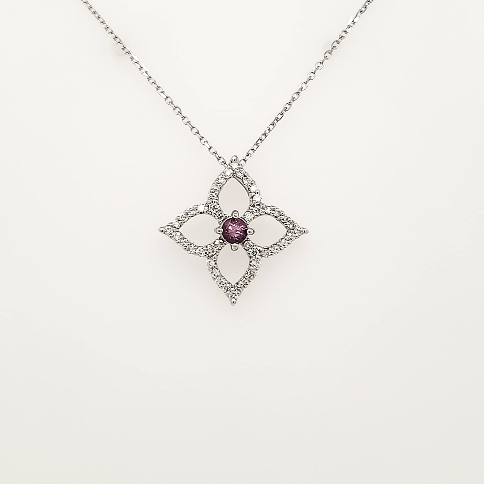 70136 18K WHITE GOLD .24CTW DIAMOND AMETHYST OPEN FLOWER WITH 18" 14K CABLE CHAIN PENDANT NECKLACE