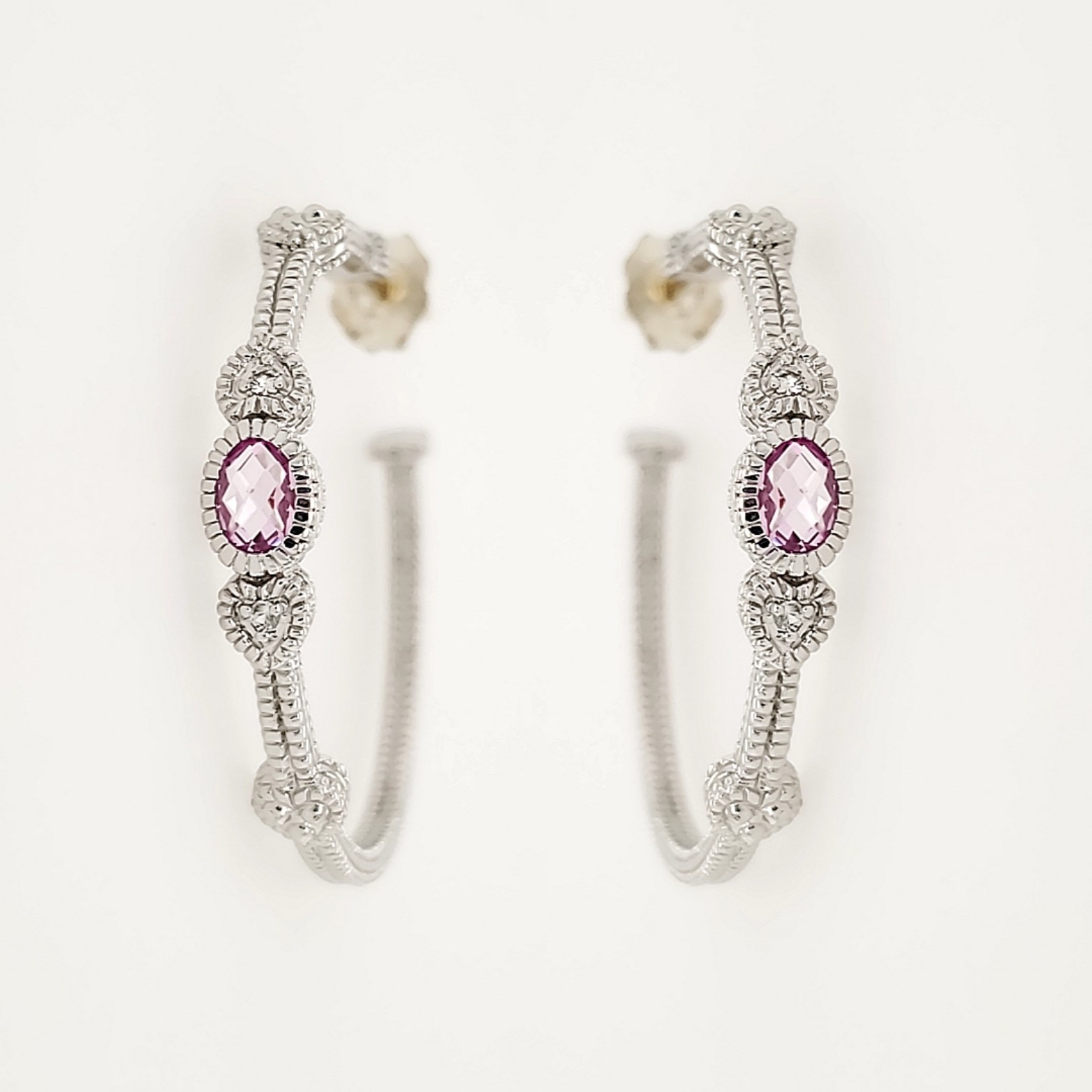 80056 STERLING SILVER JUDITH RIPKA 1" FANCY DIAMOND CUT HEART & OVAL PINK GEMSTONE HOOPS 80056 STERLING SILVER JUDITH RIPKA 1" FANCY DIAMOND CUT HEART & OVAL PINK GEMSTONE HOOPS