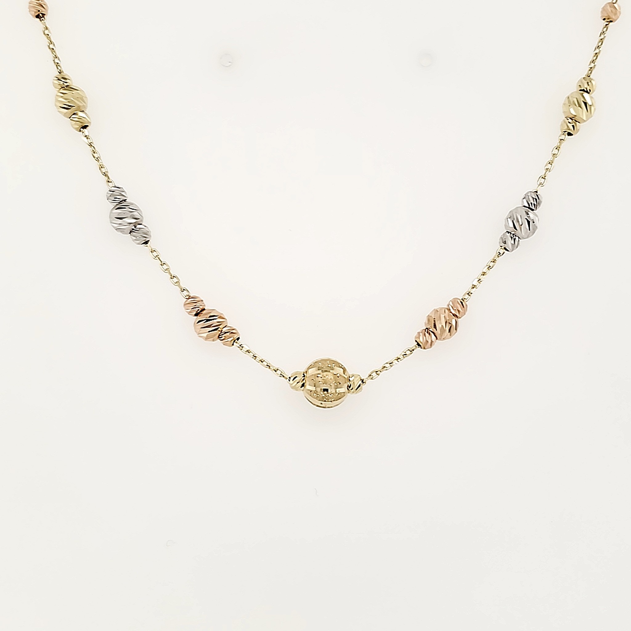 60042 14K TRI COLOR DIAMOND CUT BEADED 2" EXTENSION NECKLACE