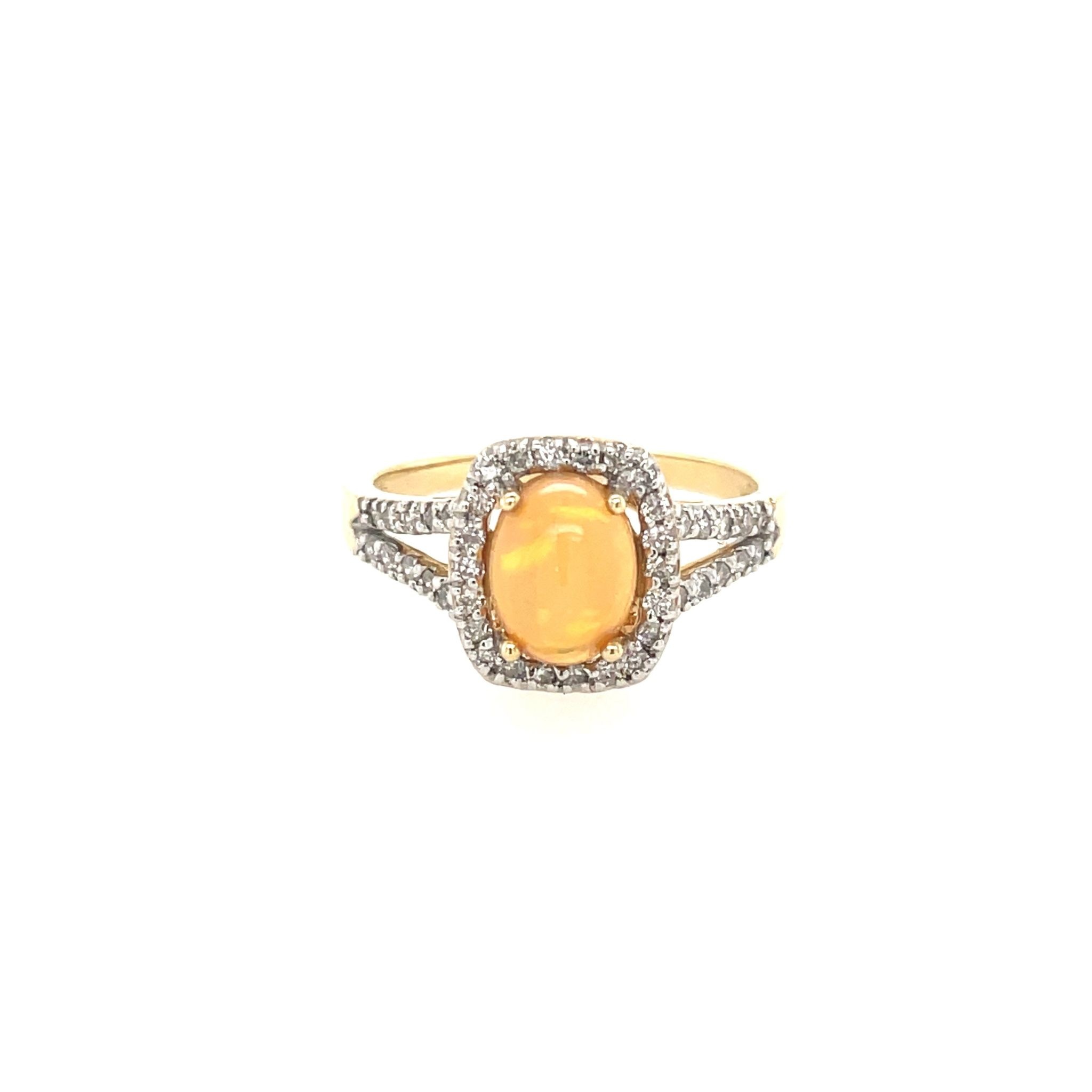 40078 14K YELLOW GOLD ETHIOPIAN OVAL OPAL CENTER WITH .25TCW DIAMOND HALO AND SPLIT SHANK RING