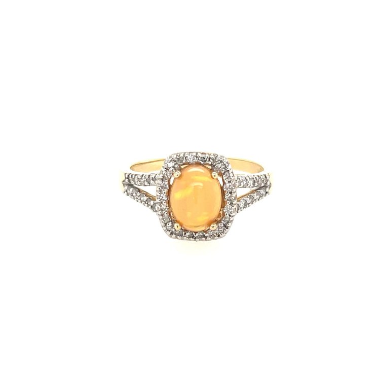 40078 14K YELLOW GOLD ETHIOPIAN OVAL OPAL CENTER WITH .25TCW DIAMOND HALO AND SPLIT SHANK RING