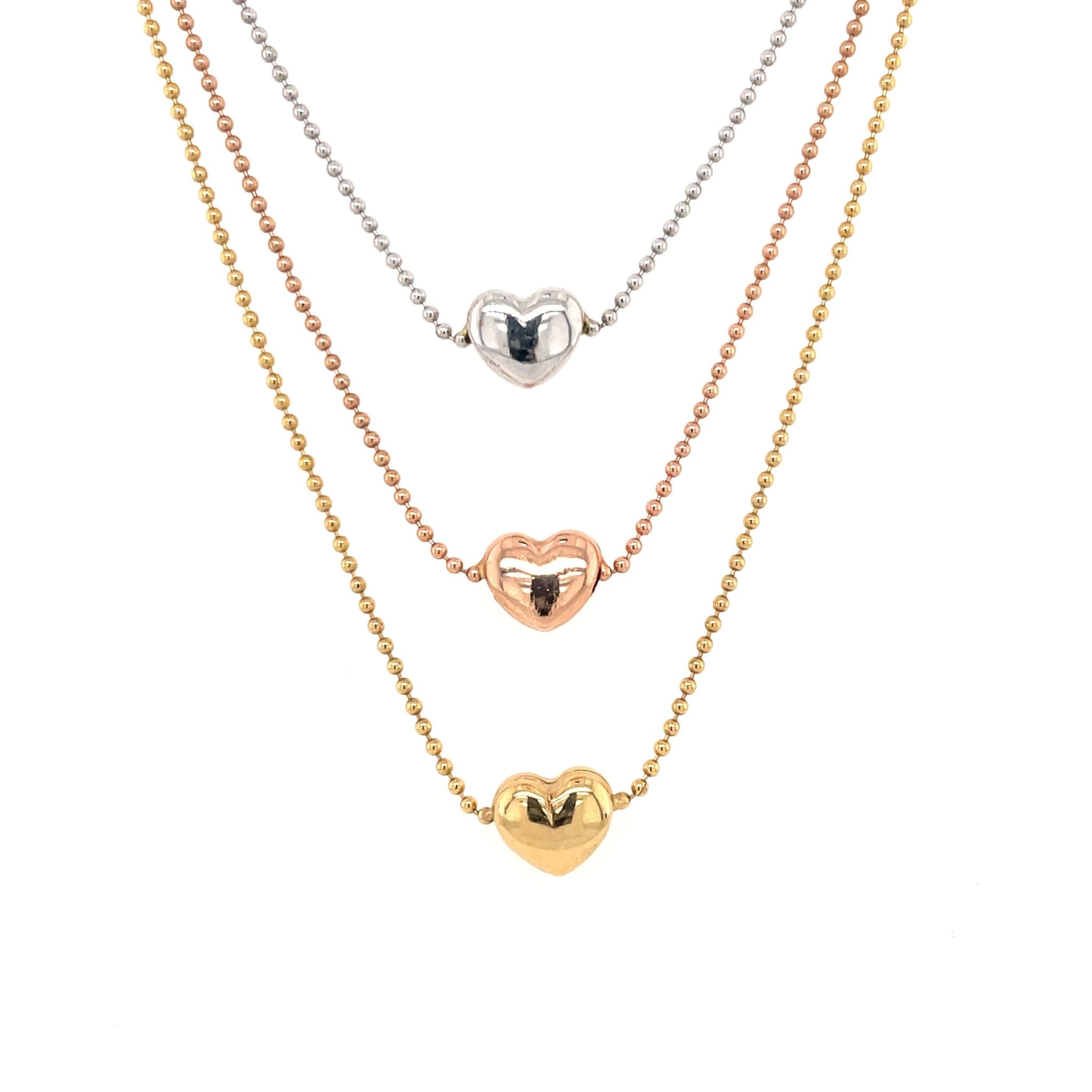 60044 14K TRI COLOR PUFFY HEART CHARM LAYERED BEADED CHAIN NECKPIECE