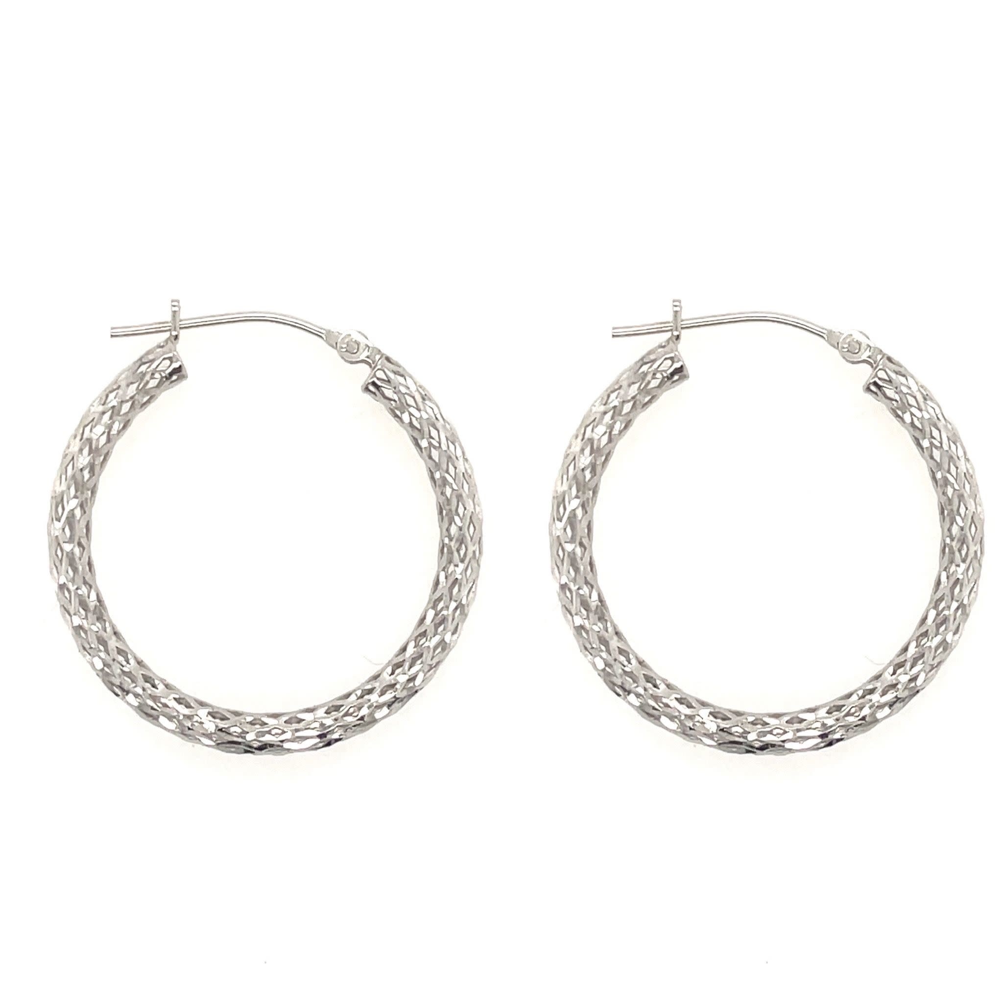 30491 14K WHITE GOLD MESH DIAMOND CUT DESIGN 1" HOOPS
